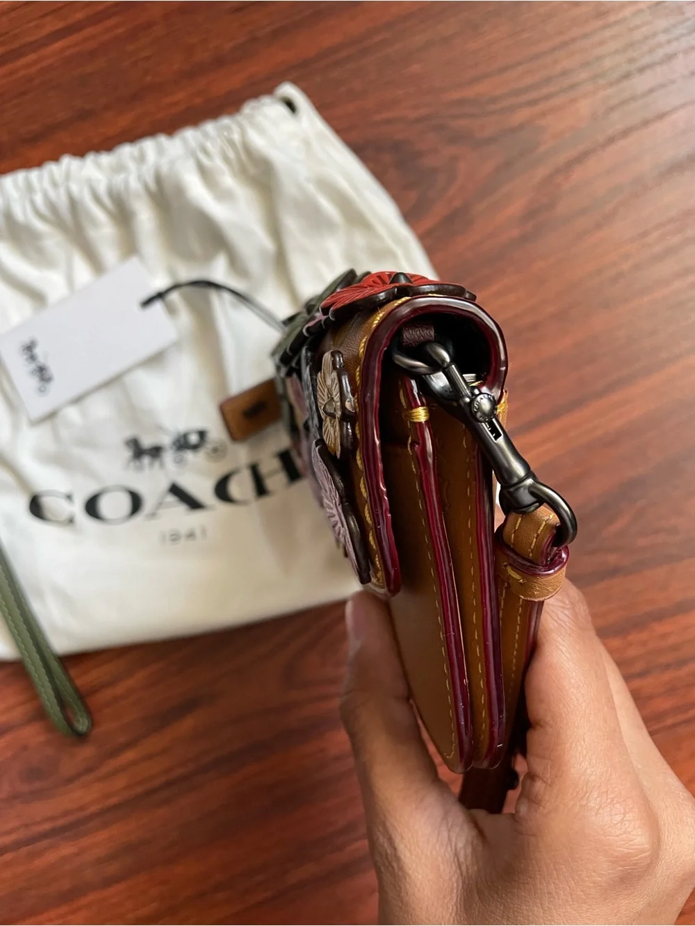 COACH Tan Floral Appliqué Leather Wristlet Clutch with Multicolor Flowers